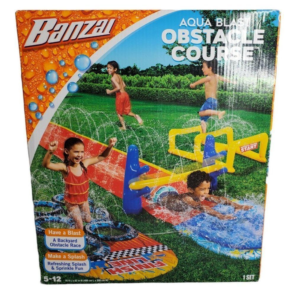 Banzai Aqua Blast Obstacle Course Slide 16'L Inflatable Backyard Aqua Water Park